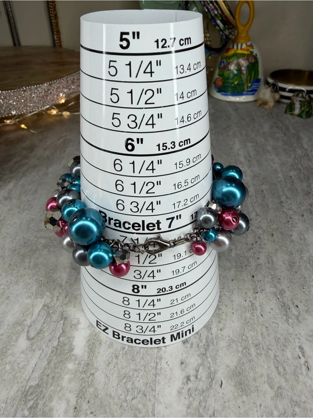 Glass Pearl Crystal Cha Cha Bracelet Pink Gray Teal Size 7 Jewelry